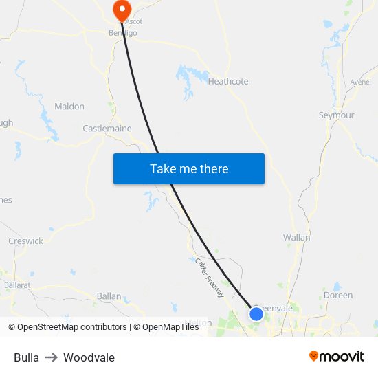 Bulla to Woodvale map