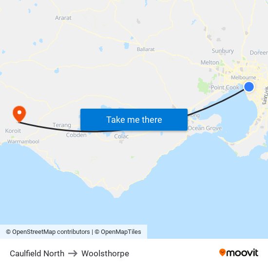 Caulfield North to Woolsthorpe map