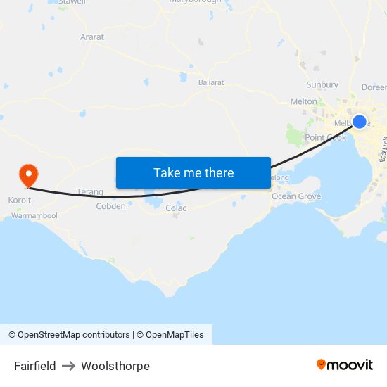 Fairfield to Woolsthorpe map