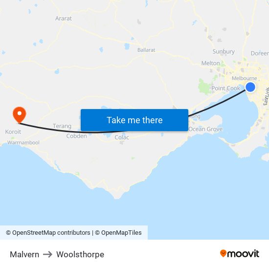 Malvern to Woolsthorpe map