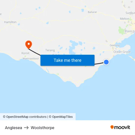 Anglesea to Woolsthorpe map