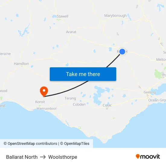 Ballarat North to Woolsthorpe map