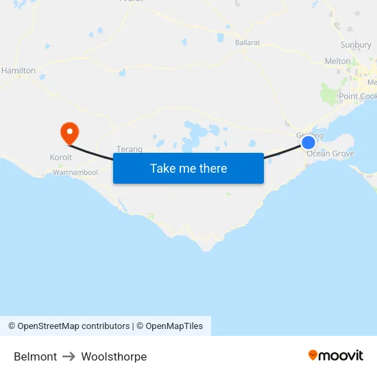 Belmont to Woolsthorpe map