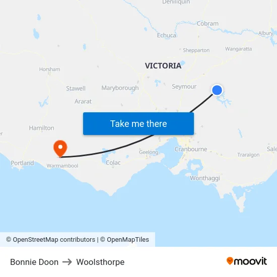 Bonnie Doon to Woolsthorpe map