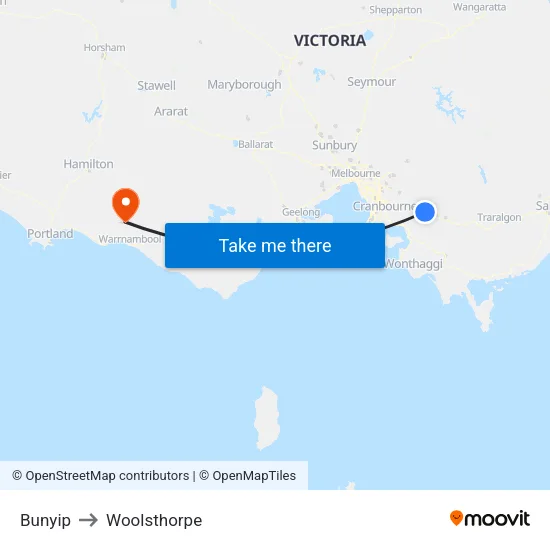 Bunyip to Woolsthorpe map