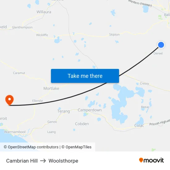 Cambrian Hill to Woolsthorpe map