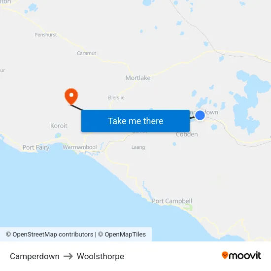 Camperdown to Woolsthorpe map