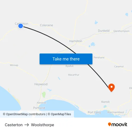 Casterton to Woolsthorpe map
