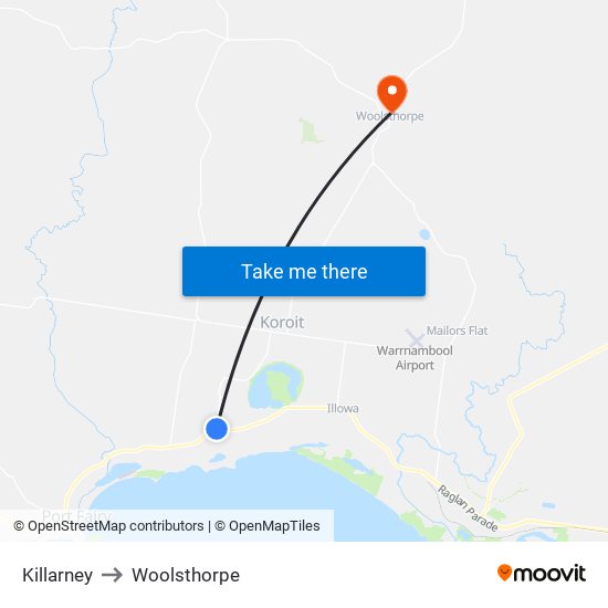 Killarney to Woolsthorpe map