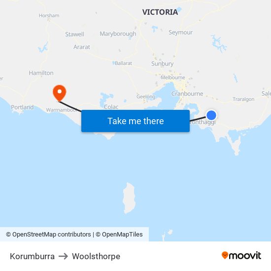 Korumburra to Woolsthorpe map