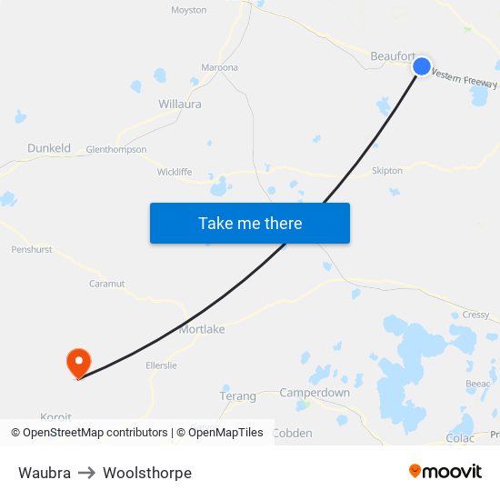 Waubra to Woolsthorpe map