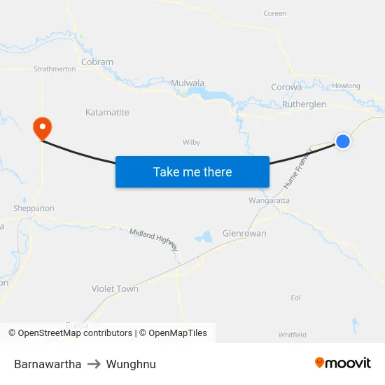 Barnawartha to Wunghnu map