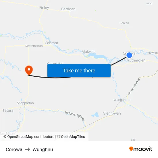 Corowa to Wunghnu map