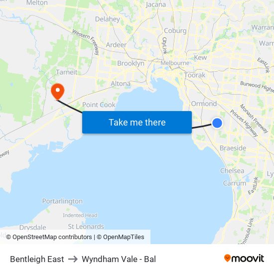 Bentleigh East to Wyndham Vale - Bal map