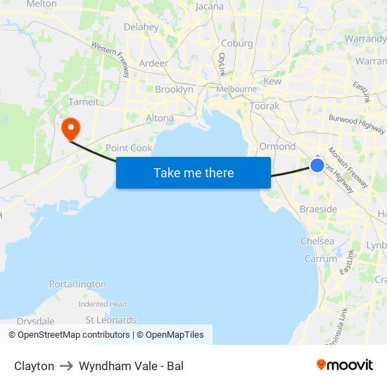 Clayton to Wyndham Vale - Bal map