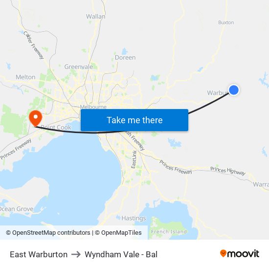 East Warburton to Wyndham Vale - Bal map
