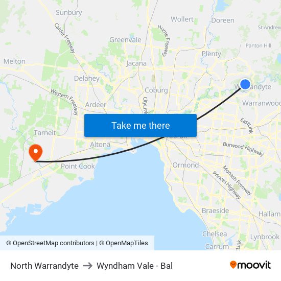 North Warrandyte to Wyndham Vale - Bal map