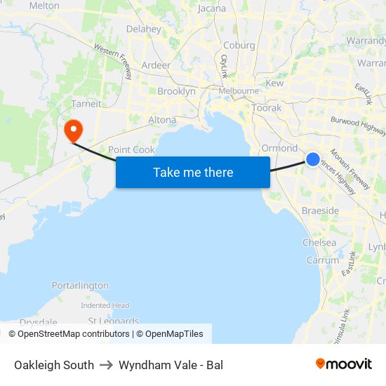 Oakleigh South to Wyndham Vale - Bal map