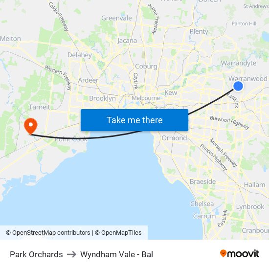 Park Orchards to Wyndham Vale - Bal map