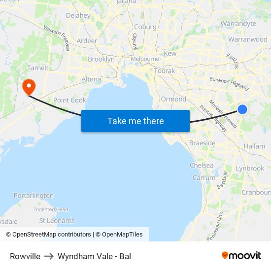 Rowville to Wyndham Vale - Bal map