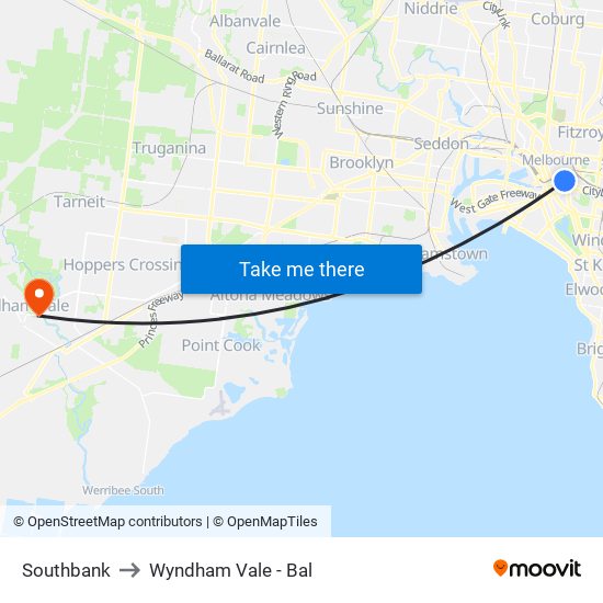 Southbank to Wyndham Vale - Bal map