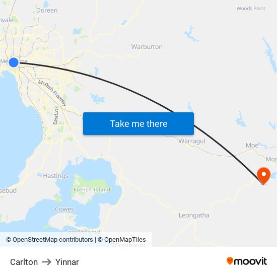 Carlton to Yinnar map