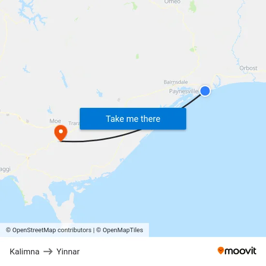 Kalimna to Yinnar map