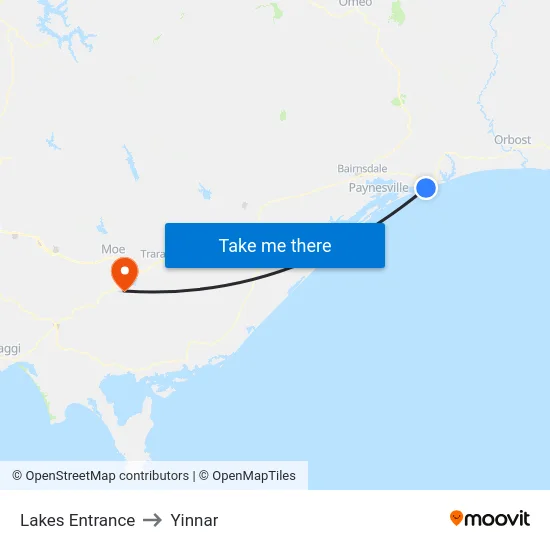Lakes Entrance to Yinnar map