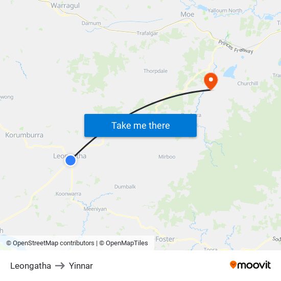 Leongatha to Yinnar map