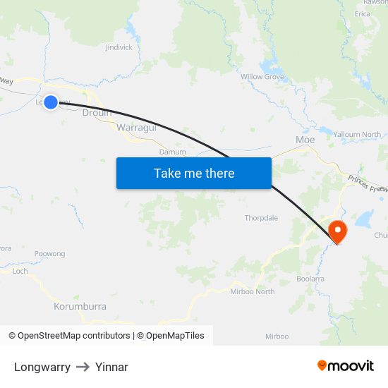 Longwarry to Yinnar map