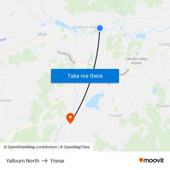 Yallourn North to Yinnar map
