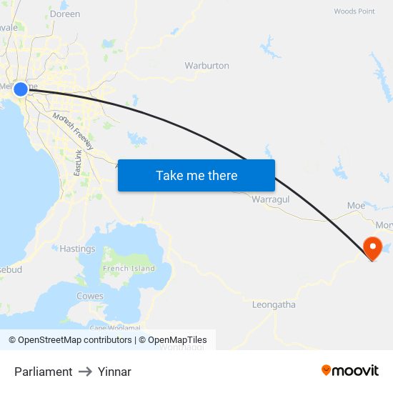 Parliament to Yinnar map