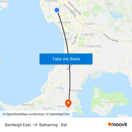 Bentleigh East to Balnarring - Bal map