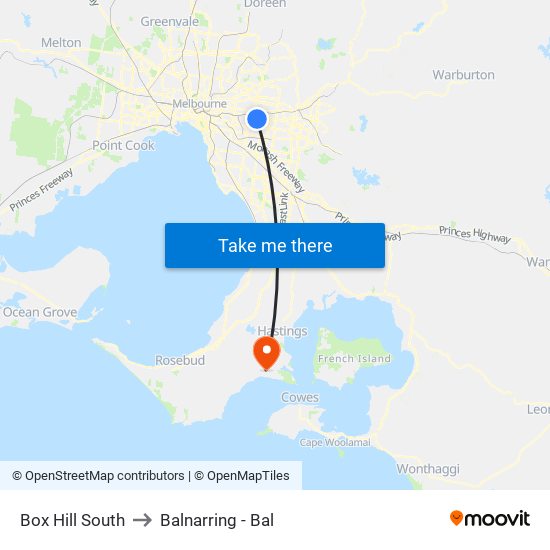 Box Hill South to Balnarring - Bal map