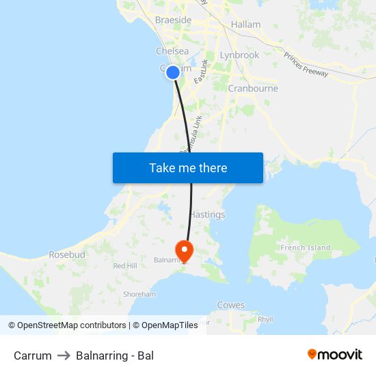 Carrum to Balnarring - Bal map