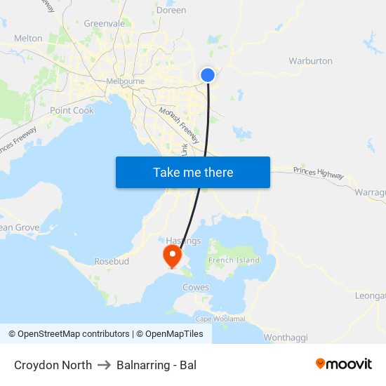 Croydon North to Balnarring - Bal map