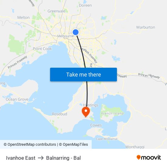 Ivanhoe East to Balnarring - Bal map