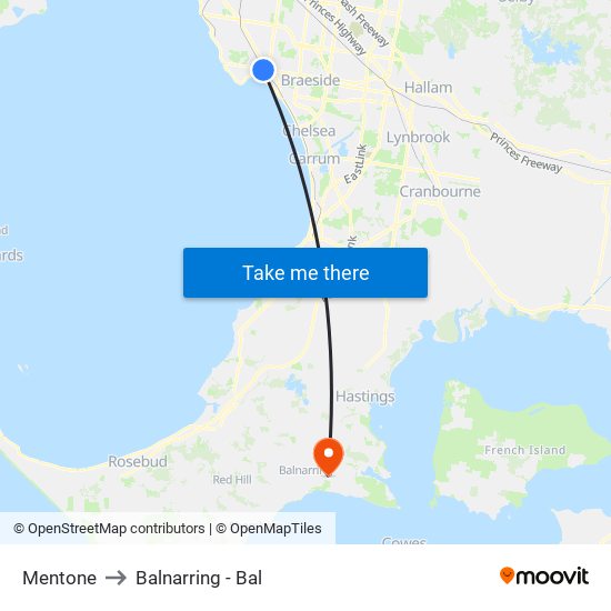 Mentone to Balnarring - Bal map