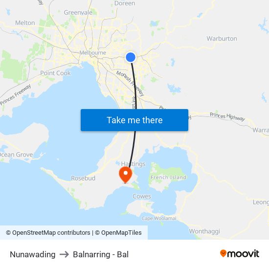 Nunawading to Balnarring - Bal map