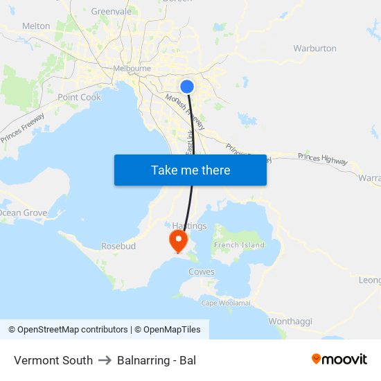 Vermont South to Balnarring - Bal map