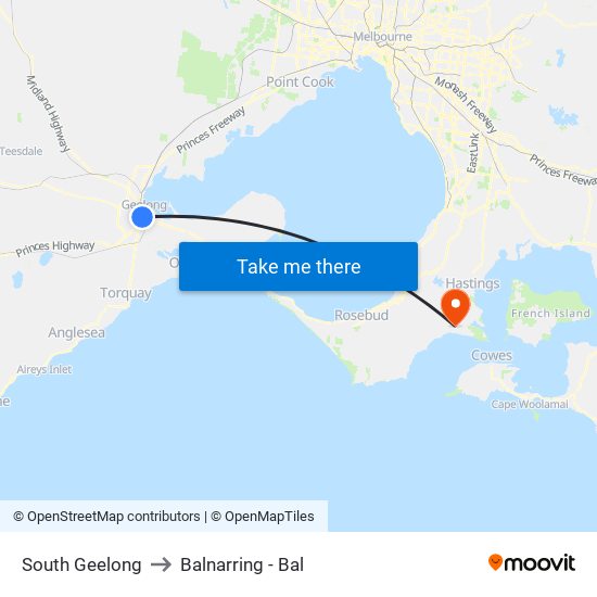 South Geelong to Balnarring - Bal map