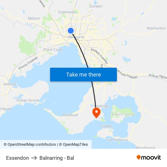 Essendon to Balnarring - Bal map