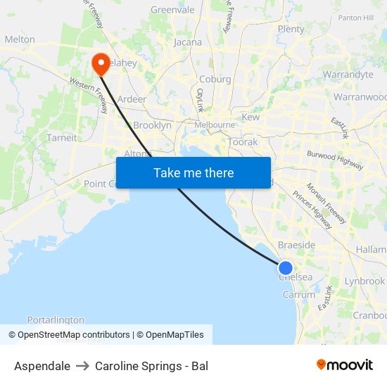 Aspendale to Caroline Springs - Bal map