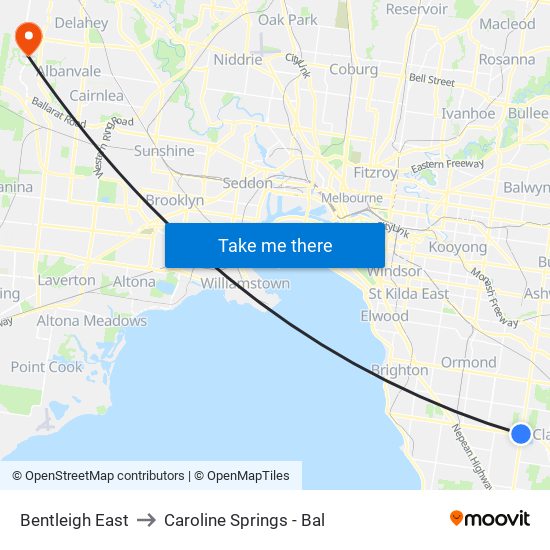 Bentleigh East to Caroline Springs - Bal map