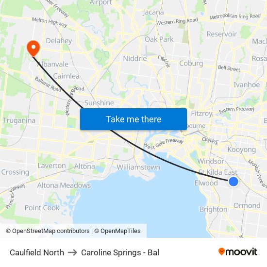 Caulfield North to Caroline Springs - Bal map