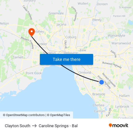 Clayton South to Caroline Springs - Bal map