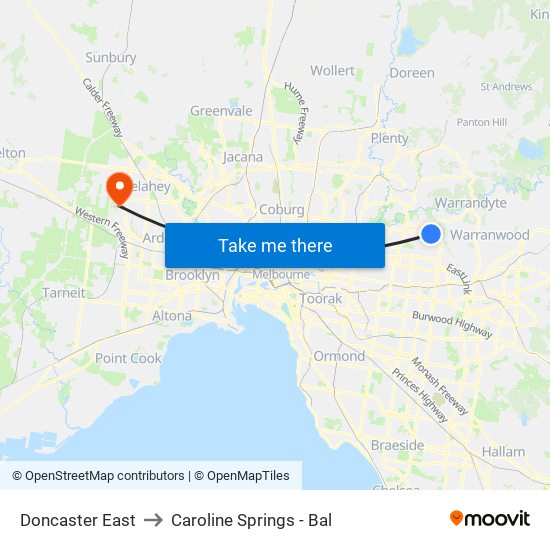 Doncaster East to Caroline Springs - Bal map