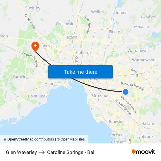 Glen Waverley to Caroline Springs - Bal map