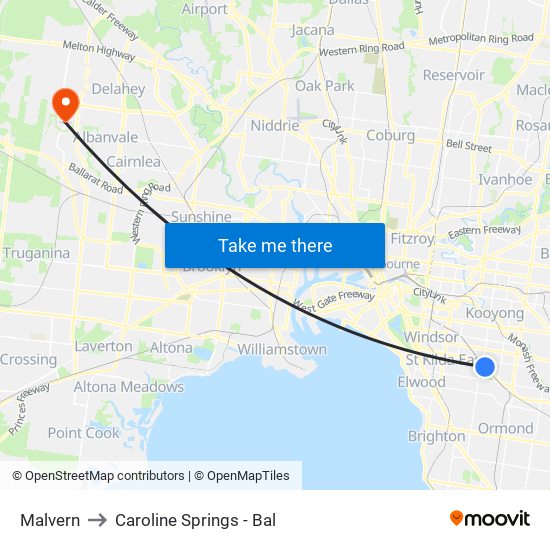 Malvern to Caroline Springs - Bal map