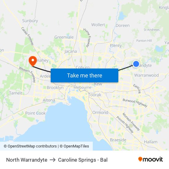 North Warrandyte to Caroline Springs - Bal map